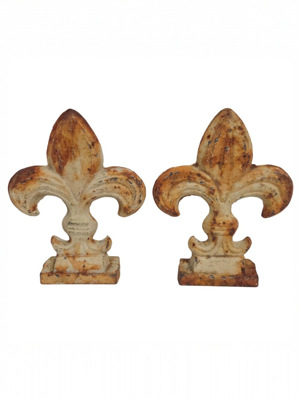 Cast Iron Ivory Rusted Fleur de Lis Rustic Country Farmhouse Tabletop Finial Set